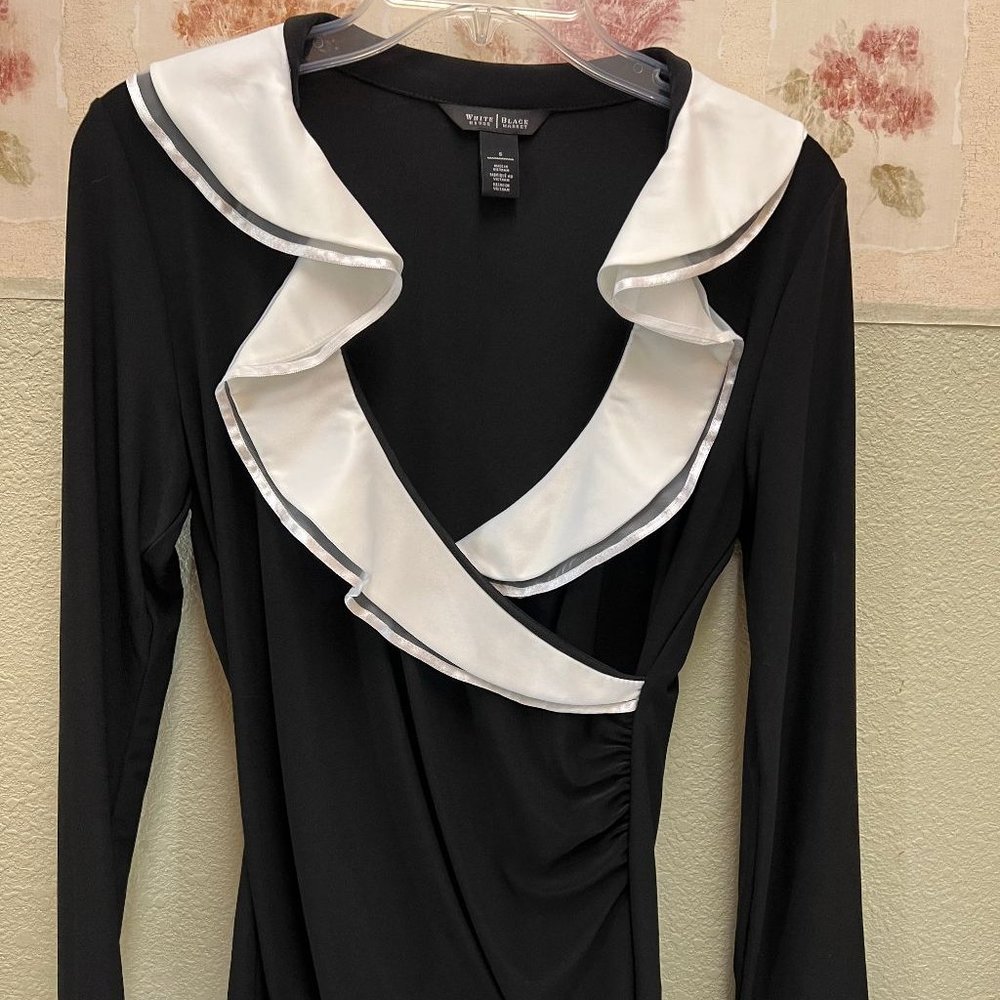 White House Black Market Beautiful Black & White Blouse with Ruffle Collar